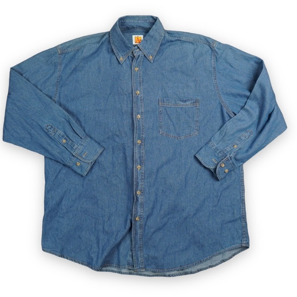 A+ Denim Shirt Mens XL Blue Long Sleeve Button Down VTG Pocket Logo Casual